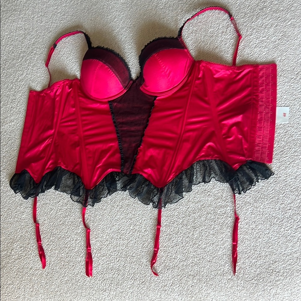 H&M Red and Black Bustier Corset with Lace Trim
